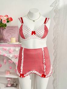PetitDoll Valentine's Day Plus Size Cute Printed Patchwork Bow Decor Lingerie Set With Underwire, 3pcs - Red and White - View 7