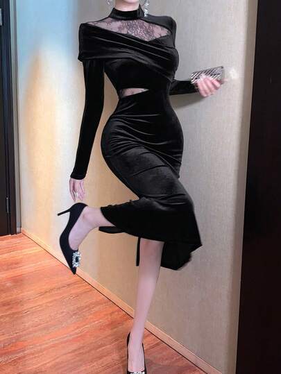 Dazy Tall Tall Women's Velvet & Lace Patchwork Elegant Midi Dress For Formal Occasions