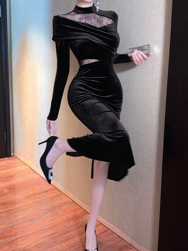 Tall Women's Velvet & Lace Patchwork Elegant Midi Dress For Formal Occasions Sundress