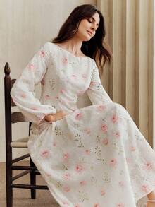 Anewsta Women's Elegant White And Pink Floral Print Maxi Dress,Long Sleeve Casual Loose Summer Cottagecore Party Dress,Minimalist Wildflower Floral Applique - Multicolor - View 3