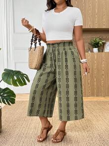 SHEIN Frenchy 大码女式度假荷叶边腰带阔腿宽松休闲七分裤 - 彩色 - 查看 5