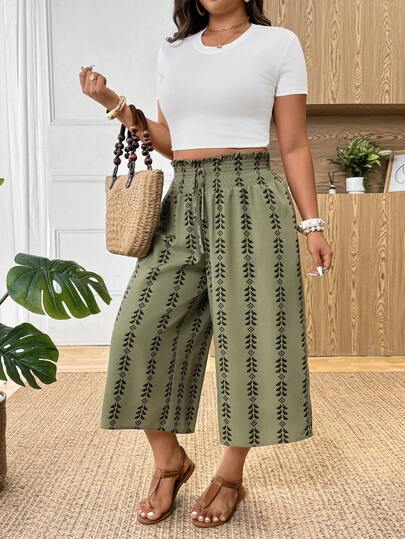 SHEIN Frenchy Plus Size Women Vacation Frill Waist Tie Wide Leg Loose Casual Capri Pants