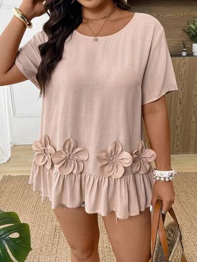 SHEIN Frenchy Plus Size Women's Solid Color Round Neck Short Sleeve Shirt With 3D Floral Decor And Ruffle Hem 3d Flower Top Beige Top Women Summer Top Casual Top Ruffle Hem Top Women's Tops For Summer