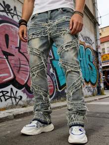 HIMLAND Men's Casual Fashionable Street Frayed Washed Denim Jeans - Dark Wash - View 3