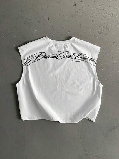 StoneGrade 弧形手写字体休闲印花男士标准宽松短款背心，约会聚会必备，时尚情侣礼物，送给男友的理想之选