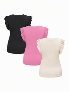 SHEIN 3pcs Maternity Casual Solid Color Ribbed Ruffle Armhole Fitted T-Shirts For Daily Commute, Summer - Multicolor - View 10