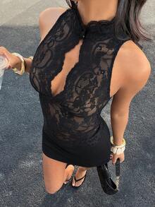 Siren Gaze Women's Elegant Black Floral Summer Lace Halter Neck Slim Fit Top,Sleeveless Keyhole See Through Club Night Outfits Party Chic Crochet Tops - Black - View 2