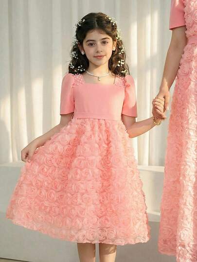 Glamorique Kids 1pc Girls Sweet Princess Style Pearl Decor Square Neck + Bow Waist Bubble Sleeve Rose Dress, Summer Party Dress Elegant Dress For Girl 3d Flowers Dress Young Girl Elegant Dress Peach Dresses For Girls Salmon Pink Dress Girl Girls Coral Dress