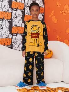 GARFIELD | SHEIN Bộ đồ mặc nhà 2 mảnh dành cho bé trai tuổi teen, in hình hoạt hình, phối màu vàng tương phản, gồm áo thun dài tay và quần dài in họa tiết toàn thân. - Màu vàng - Xem 3