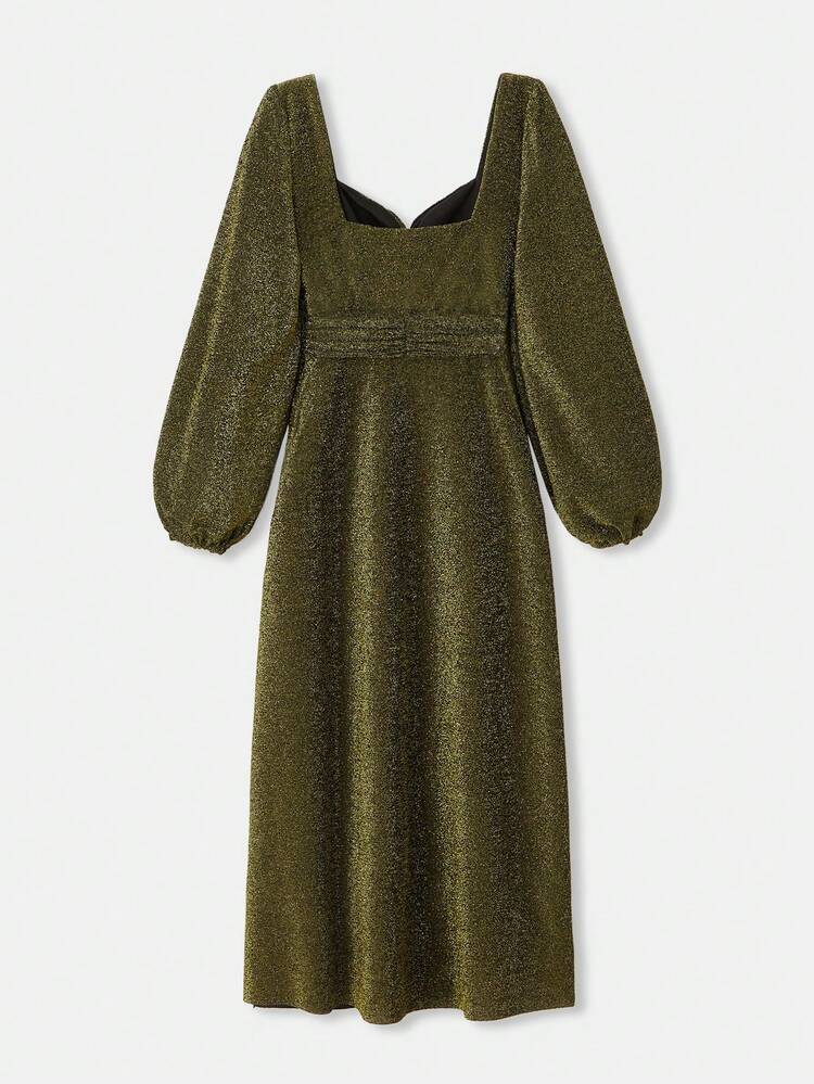 Metallic Lurex Knit Long Sleeve Midi Dress With Twist Front Chest Detail Party Dress Night Out Dress Shiny Premium Dress Sparky Party Dress Spring Summer  Party Outfits