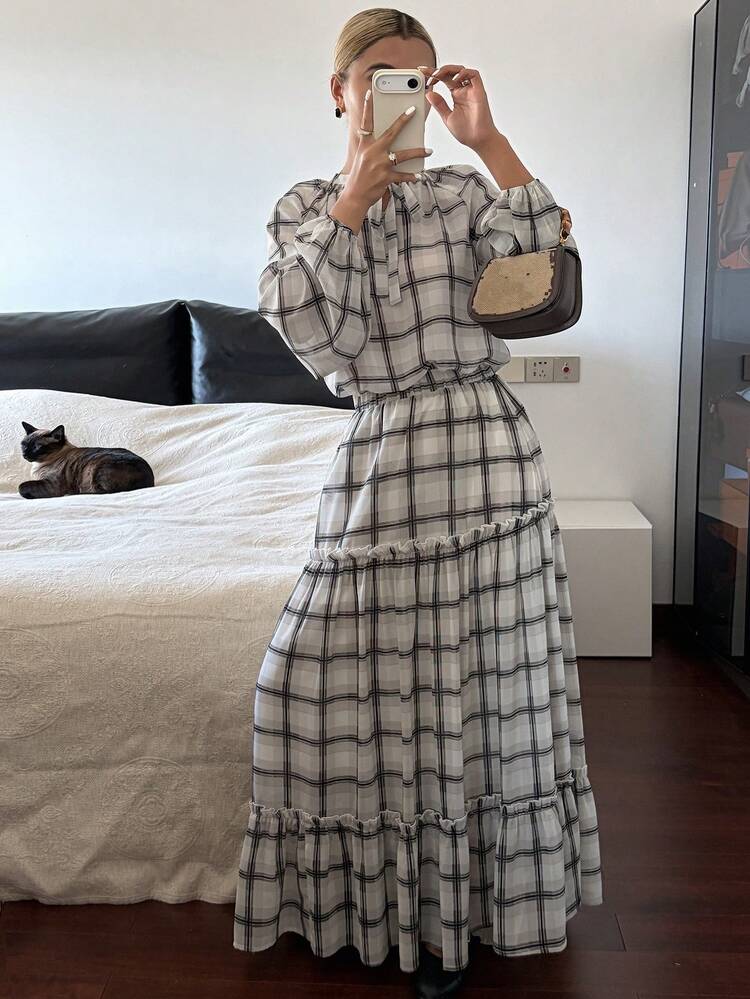 Women's Casual Commuter Plaid Shirt And Skirt 2 Pieces Set