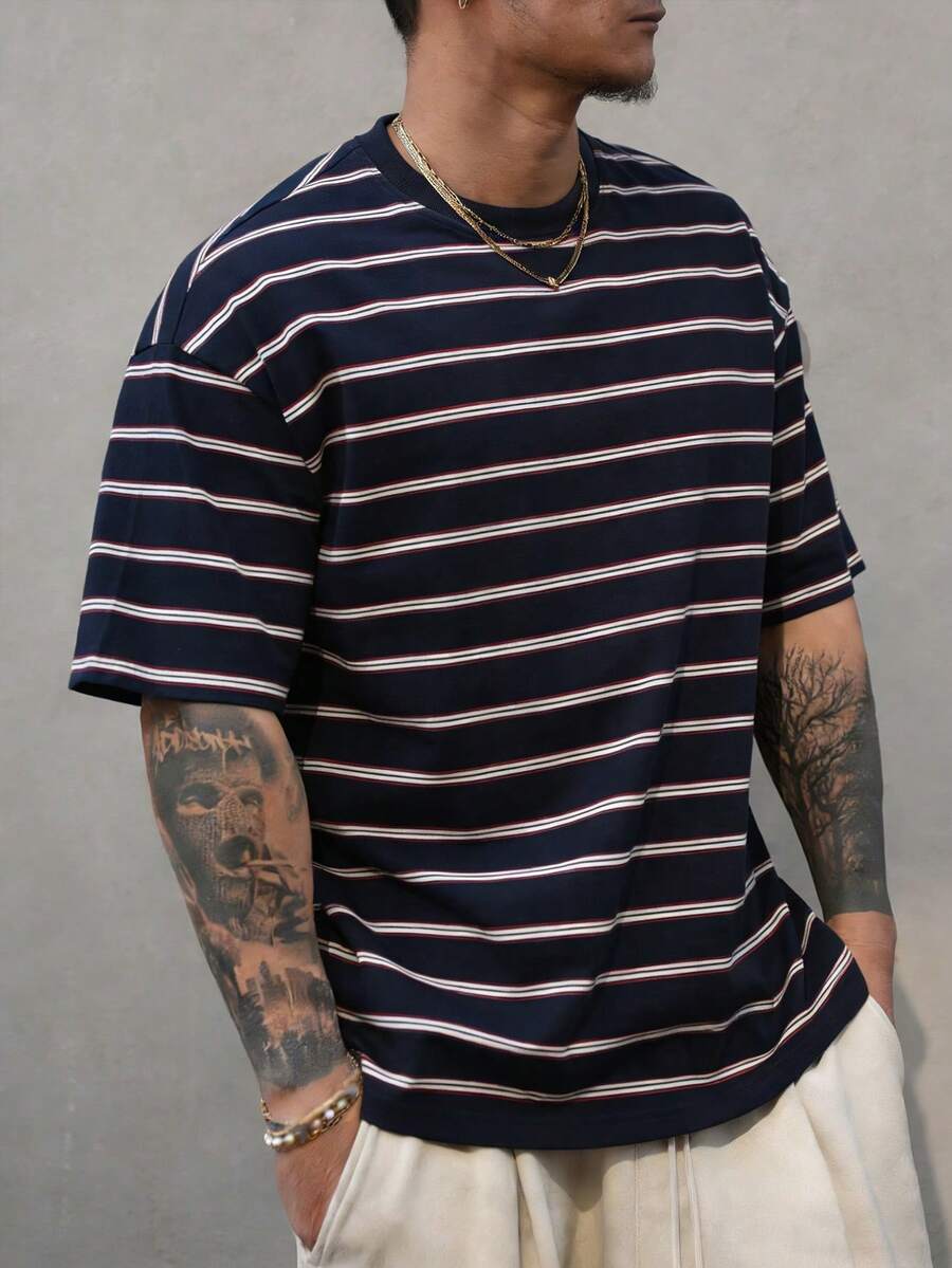 DAZY Áo thun nam dáng rộng, vai rớt, họa tiết sọc tương phản, thích hợp cho kỳ nghỉ hè và đi làm hàng ngày. - Màu xanh hải quân - Xem 1