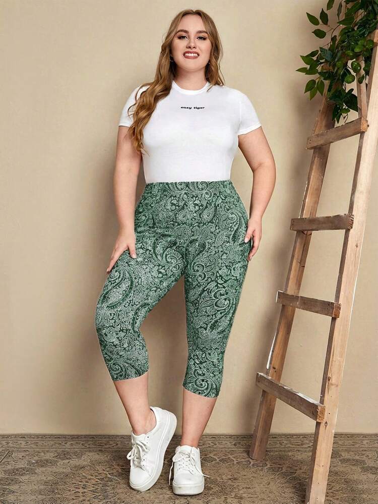 Plus Size Paisley Print Elastic Waist Metallic Capri Leggings Beach Pants Summer Outfits Summer Clothes Spring Dress Spring Outfit Women Spring Clothing Beach Vacation Outfits For Women Vacation Dress Bohemian