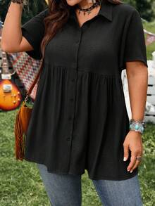 EMERY ROSE Short Sleeve Blue Button-Up Shirt, Casual Vacation Shirt With Longer Back, Plus Size, Suitable For Spring & Summer - Black - View 5