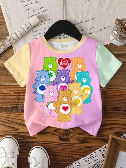 SHEIN X Care Bears 少女可爱卡通熊撞色短袖T恤，休闲日常通勤
