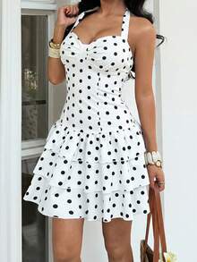 Sunnyshic Women's Short Dress, Fashion Creative Spring/Summer New Polka Dot Pattern Tie Bow - White - View 4