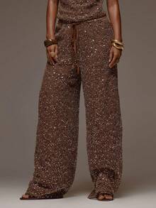 MUSERA Low Rise Brown Sequin Textured Tie Waist Wide Leg Trousers Pants Spring Summer Holiday Vacation Beach Ibiza Festival Party Elegant Divinity - Camel - View 1