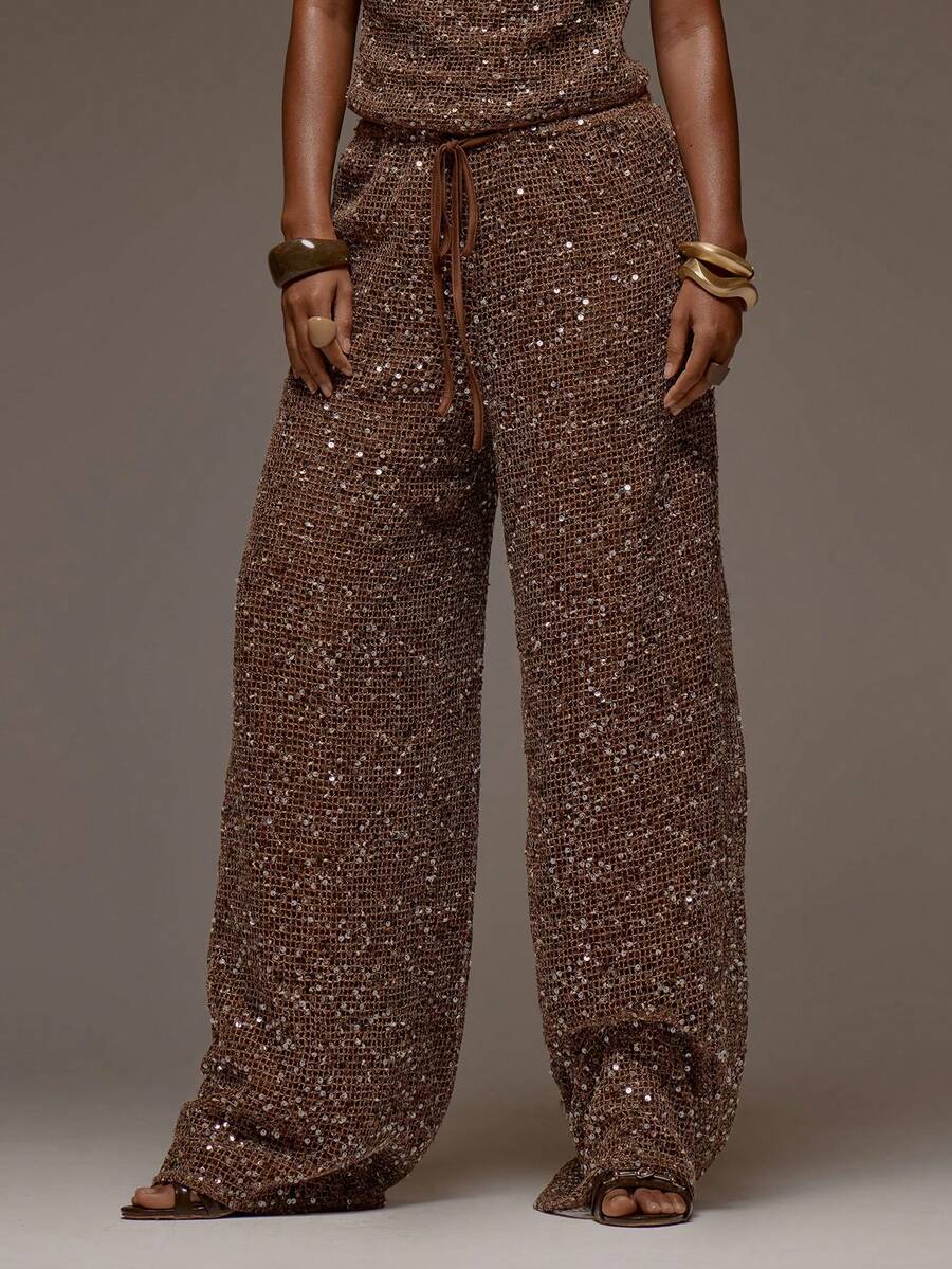 MUSERA Low Rise Brown Sequin Textured Tie Waist Wide Leg Trousers Pants Spring Summer Holiday Vacation Beach Ibiza Festival Party Elegant Divinity - Camel - View 1
