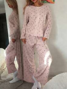 DAZY Set de pijama de 2 piezas con top de manga larga holgado y pantalón recto largo con estampado de corazón, ropa de dormir de primavera para mujer - Rosa - Ver 3