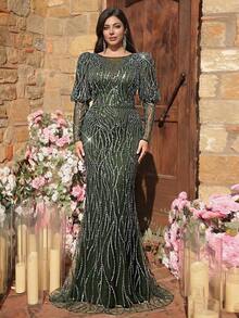 Aureia 大码优雅橄榄绿奢华串珠亮片网纱薄纱泡泡袖鱼尾连衣裙，适合所有正式场合、约会、婚礼、节日、单身派对、正式晚宴。 - 綠色 - 查看 6