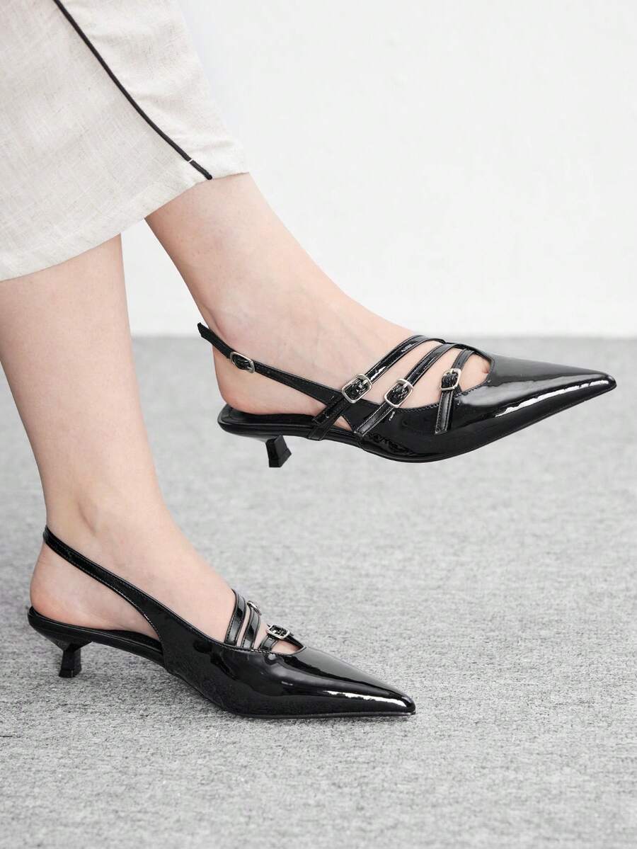 CUCCOO BIZCHIC 女士尖头黑色漆皮多带露后跟细高跟礼服鞋,适合通勤和约会 - 黑色 - 查看 1
