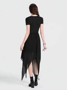 Breakform Vestido de mujer de cuello redondo y manga corta estilo gótico, vestido negro, vestido de cuello redondo con lazo, vestido de tela de punto y gasa con parches, vestido de bajo asimétrico - Negro - Ver 2