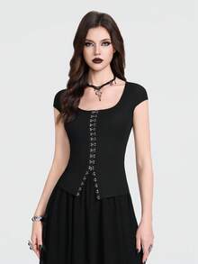 Breakform 女士性感哥特风纯色针织开襟羊毛衫，带装饰环，修身款 - 黑色 - 查看 1