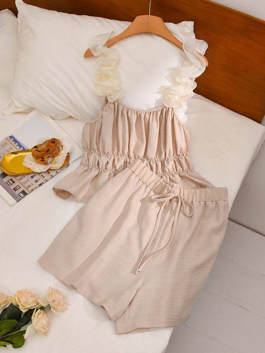 CosyJoli Bộ trang phục thường ngày cỡ lớn dành cho nữ, áo hai dây viền ren và quần short, bộ đồ 2 mảnh mùa hè cho nữ, trang phục hẹn hò, bộ đồ thường ngày cho nữ. - Màu be - Xem 1