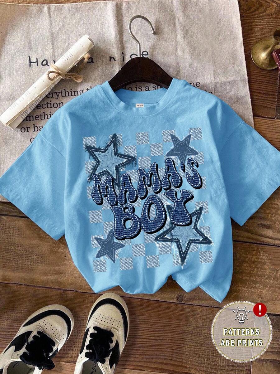 Young Boy Casual Minimalist Five-Pointed Star Print Short Sleeve Round Neck T-Shirt, Suitable For Summer - Dusty Blue - View 1