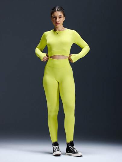 Powerista Women's Solid Color Cropped Top And Leggings Sports Set Lime Green Workout Set Green Active Wear Yellow Active Wear Tights Two Piece Set Women