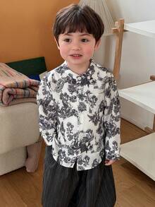 DAZY Infant/Toddler Boys' Korean Style Floral Print Long Sleeve Collared Shirt - Light Grey - View 5
