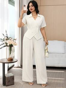 Modelyn 大码女装两件套，休闲日常工作服，简约纯色纹理面料双排扣开衫上衣搭配阔腿裤，春夏秋季皆宜 - 杏色 - 查看 3