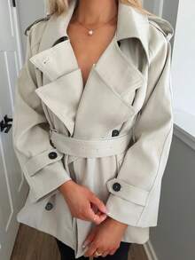 Sydney Algeri 女士时尚优雅双排扣束带风衣法式风衣女装风衣秋冬女装风衣 - 灰色 - 查看 3