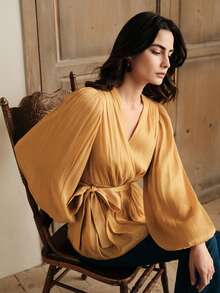 Anewsta 优雅雪纺亮面系腰灯笼袖女式衬衫 - 黃色 - 查看 3