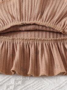 SHEIN Baby Girls' Summer New Cotton Rib Knit Heart Print Romper Set - Khaki - View 6