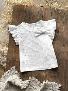 Young Girls' White Pearl Trim Bow Tie T-Shirt, Cute Casual Everyday Versatile - White - View 6