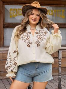 SHEIN CURVE+ Curve 尺码 US22 音乐节、海滨度假、波西米亚风花卉刺绣翻领优雅长袖衬衫 花卉波西米亚风女式衬衫 - 杏色 - 查看 8