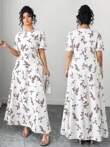 Elenzga 女士优雅圆领短袖收腰印花连衣裙 - 白色 - 查看 5