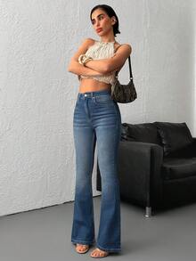 SHEIN High Waist, Slim Thigh, Flared Fit, Strech Jeans, Denim Pants - Medium Wash - View 6