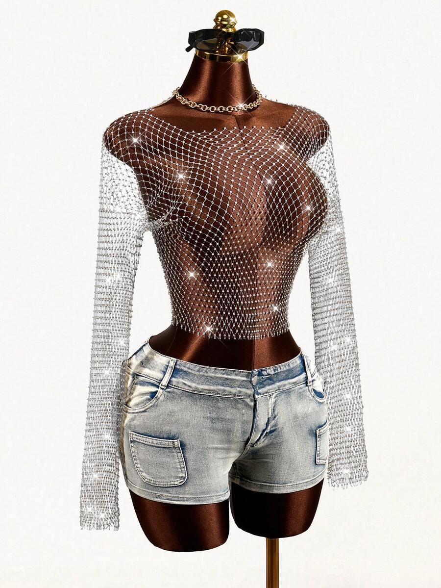 Mistrie Áo lưới đính đá gợi cảm thời trang dành cho nữ - trắng - Xem 1