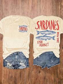 EMERY ROSE 字母印花圆领T恤，休闲度假女式短袖上衣，女装 - 杏色 - 查看 1