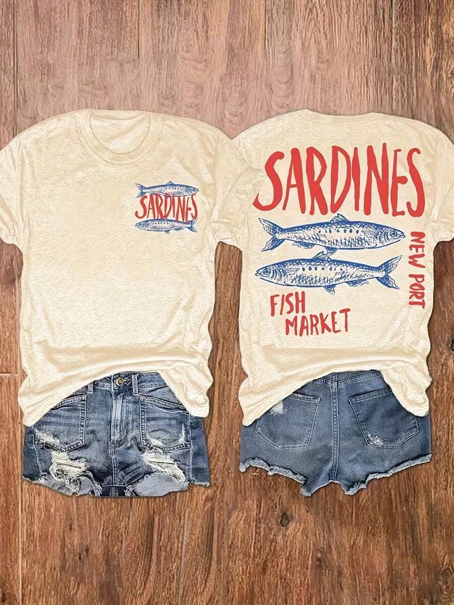 EMERY ROSE 字母印花圆领T恤，休闲度假女式短袖上衣，女装 - 杏色 - 查看 1