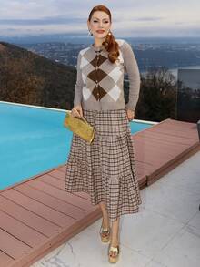 Gretanique 女士卡其色格子长裙，女牛仔服装 - 卡其色 - 查看 4