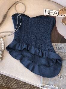 GlowEve 不对称荷叶边下摆优雅女士荷叶边吊带背心 - 藏蓝色 - 查看 2