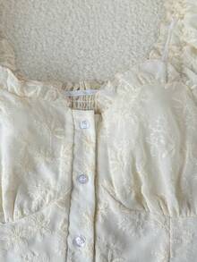 GlowEve Apricot Embroidered Frill Trim Button-Up Vacation Blouse For Women - Apricot - View 6