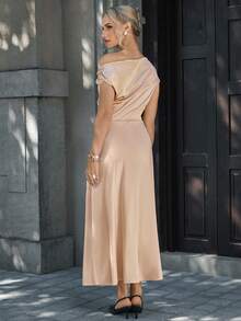 Opuloom Spring/Summer New Oblique Shoulder Ruched Waist Bodycon Asymmetrical Hem Elegant Casual Vacation Date Party Commute Mid-Length Dress - Apricot - View 2
