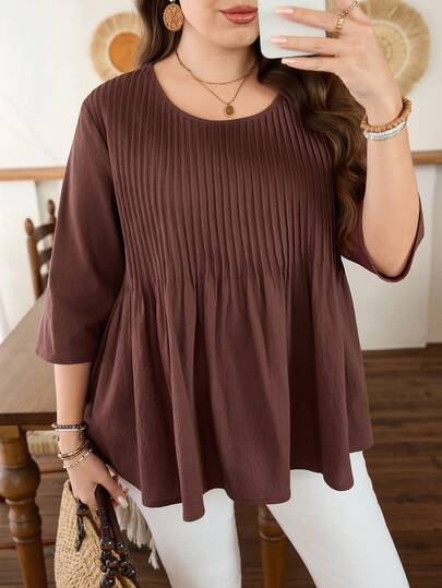 Lacomfia Plus Size Women's Round Neck Striped Loose, 3/4 Sleeve, Pure Cotton Back Shirring Hem Relaxed Casual Shirt