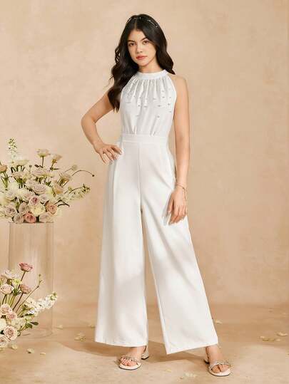 SHEIN 优雅时尚两件套，适合年轻女性，白色吊带珍珠装饰上衣+白色阔腿裤，适合日常、生日、外出、派对等场合。