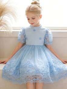 SHEIN Elladie kids 女童立领短袖刺绣花卉优雅夏季连衣裙 - 藍色 - 查看 10