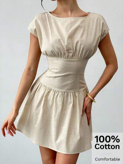 Firerie Women's Elegant Minimalist Refined Dignified Commuting Urban Chic Everyday Comfortable Vacation Beach Pleated Waist Short Sleeve A-Line Linen Apricot Mini Dress, Spring/Summer